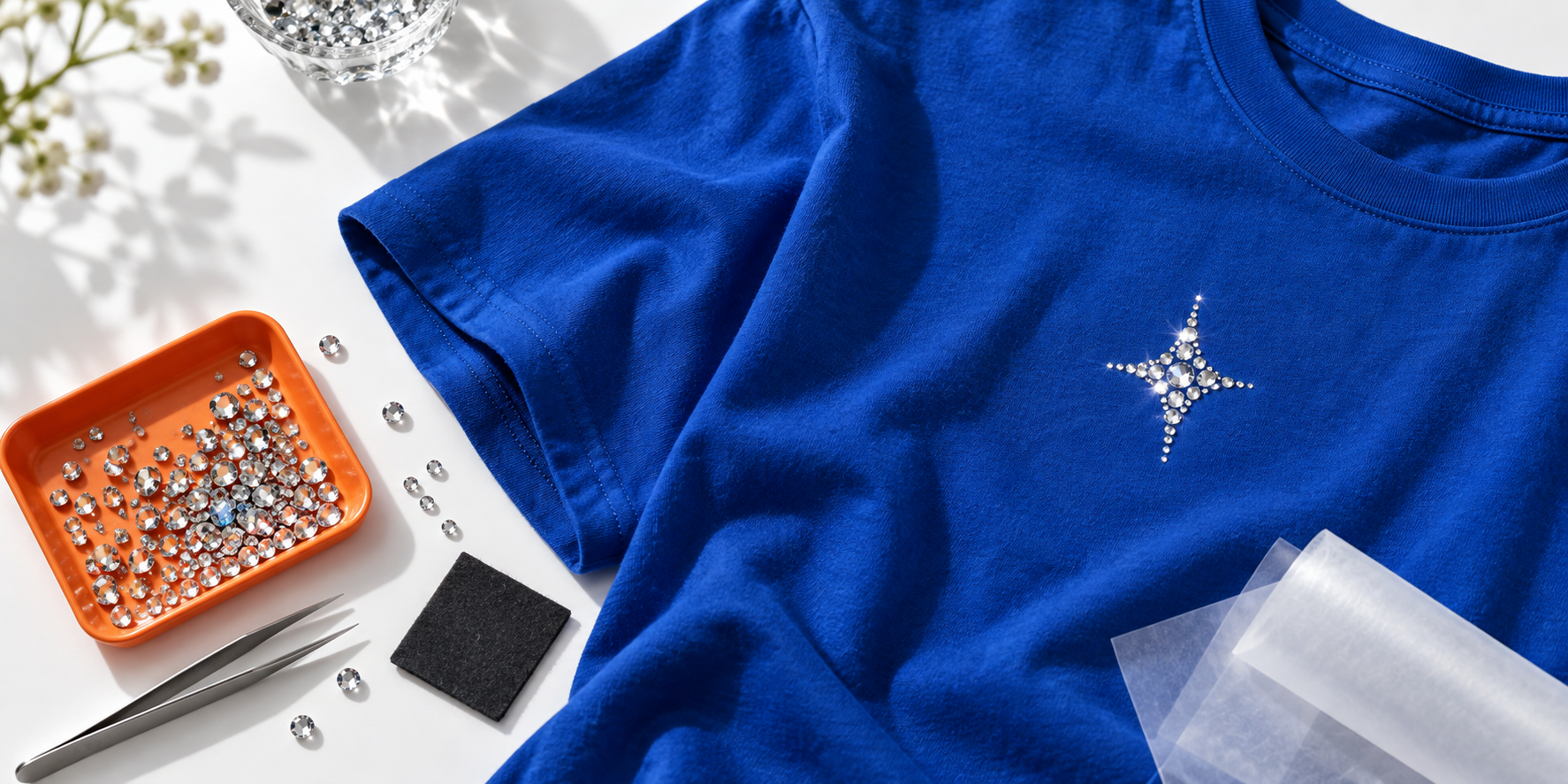 Illustrative craft scene: a cobalt blue T-shirt with a silver rhinestone sparkle, loose stones, an orange tray and tweezers.